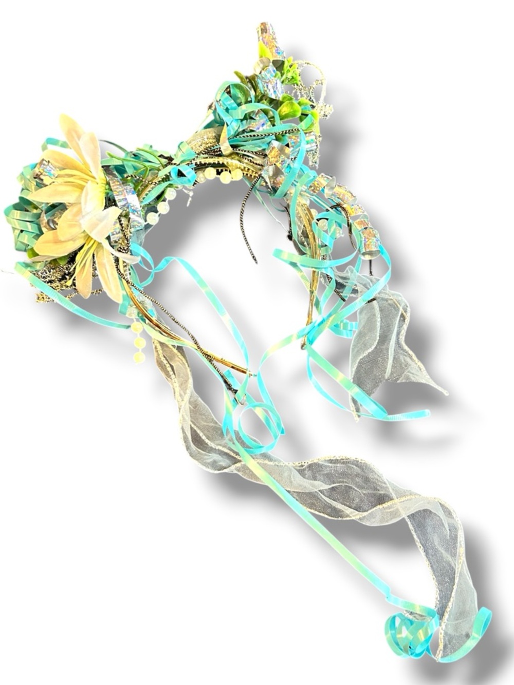 OOAK Handmade Pearl Festival Headpiece Iridescent Ribbon Lux Headband Boho Crown